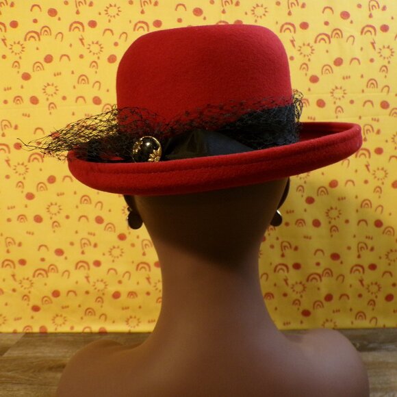 BOLLMAN HAT CO. Women's Vintage Short Brim Red Hat 100% Wool Doeskin Felt Lace - Picture 4 of 12